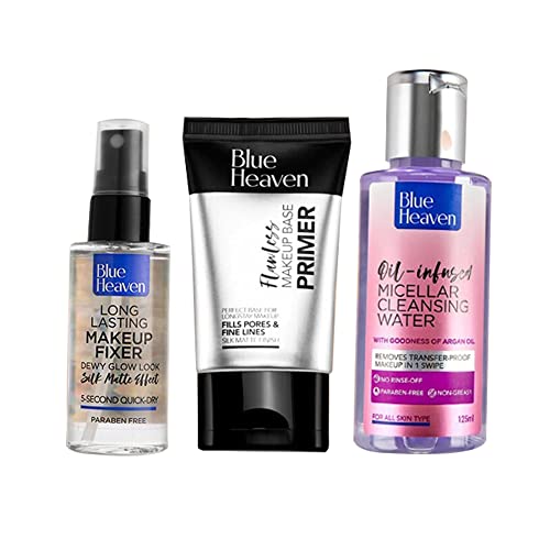 Image of Blue Heaven The Must-Have Makeup Trio, 90gm | Pack of 3| Silicone Gel Based Primer, Long lasting Fixer for dewy Glow Look, Oil Infused Cleansing Micellar Water