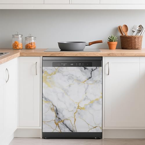 Dishwasher Cover,White Grey Mable Reusable Dishwasher Magnet Cover,Decorative Gold Texture Magnetic Refrigerator Cover Front Panel Cover for Kitchen Decor 23x26...