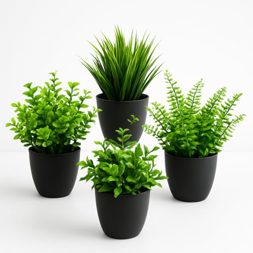 Fake Plants Set of 4 Black Pots Artificial Plant Persian Gemstone Aloe Vera & Milan Grass Faux Plastic Pot Fade Resistant Maintenance Free for Indoor & Outdoor Decor Bedroom Kitchen Office Desk Table