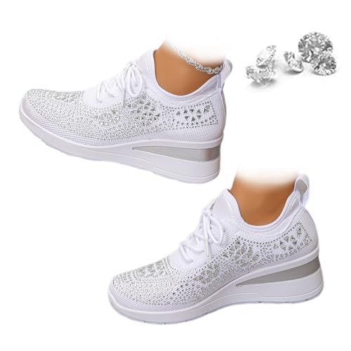 Damen Glitzer Strass Mode Atmungsaktiv Wedge Sneaker Trendy Sparkly Lace Up Plattform Hochzeit...