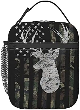 NKHFNBIO Deer Camo Camouflage American Flag Hunting Insulated Lunch Box Bag Portable Lunch Tote For Women Men And Kids