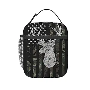 Deer Camo Camouflage American Flag Hunting Insulated Lunch Box Bag Portable Lunch Tote For Women Men And Kids
