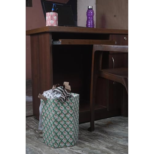 Image of Floral Hand Block Printed 3.3 Gallon Decorative Waste Basket - Eco-Friendly Cardboard Trash Can, Plastic-Free & Sustainable, Perfect for Christmas and Housewarming Gifts (1, Green Botti)