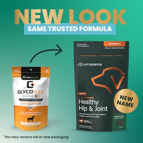 VetriScience Glycoflex 3 Clinically Proven Hip and Joint Support Supplement for Small Dogs - Maximum Strength Dog Supplement with Glucosamine, MSM, Green Lipped Mussel & DMG - 60 Chews,Chicken Flavor