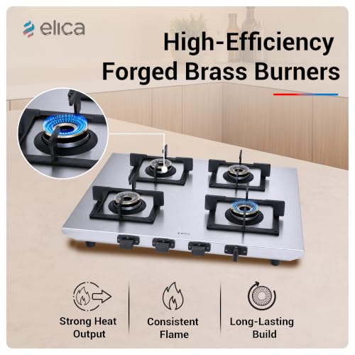 Image of Elica 4 Burner 2mm Stainless Steel Gas Stove | INOX HD 4B 69 SG | 69cm Compact Layout, Forged Brass Burners - 1 Jumbo 1 Medium & 2 Small Burners, Square Grid Pan Support, 2 Yr Warranty