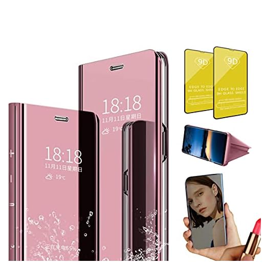 Jtailhne Kompatibel med skal Huawei Honor Play 7 Lite, spegel skyddande hölje makeup, stående fodral, läder skyddshölje, flippfodral reptålig stötfångare skydd Rose Guld+2 x skärmskydd