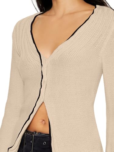Casual Women's Cardigan with 3 Buttons Placket & Bell Sleeves, Color Block Long Knit Cover Up for Fall, [S-XXL]2