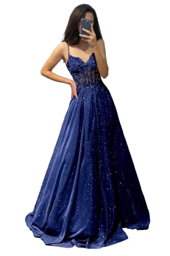 V Ausschnitt Glitzernde Spitze Applique Abschlussballkleider Damen Spaghetti Träger Formelle Abend Lange Satin Partykleider mit Taschen Royal Blue...