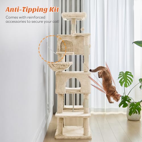 Sweetcrispy 66 Inch Cat Tree Tower, Multi Level Cat Climbing Tower with Natural Sisal Scratching Posts, Hammock, Pet Condo for Indoor Cats and Kittens Play, Beige by Sweetcrispy - Image 5