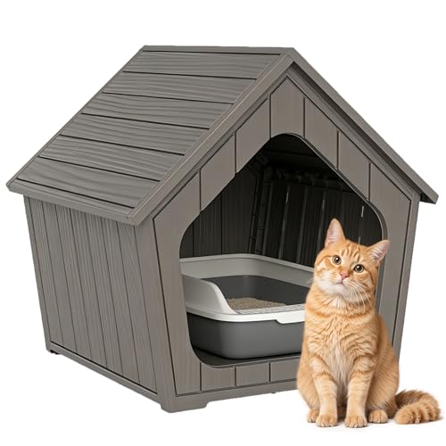 Image of Cat Litter Box Enclosure, Hidden Covered Litter Box Furniture with Air Holes, Resin Outdoor Cat House Weatherproof, Wide Opening Design for Easy Cleaning, Grey