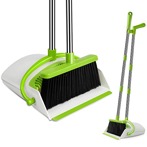 UDAODFA Premium Long Handle Broom and Dustpan Set, Self-Cleaning Broom Bristles Ideal for Kitchen, Home and Lobby Broom and Dustpan Combo (White&Green)