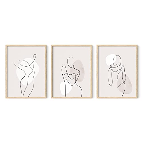 HAUS AND HUES Line Art Wall Decor - Set of 3 Minimalist Abstract Prints, Neutral Gray Modern Art for Living Room (Beige Frame, 12x16)