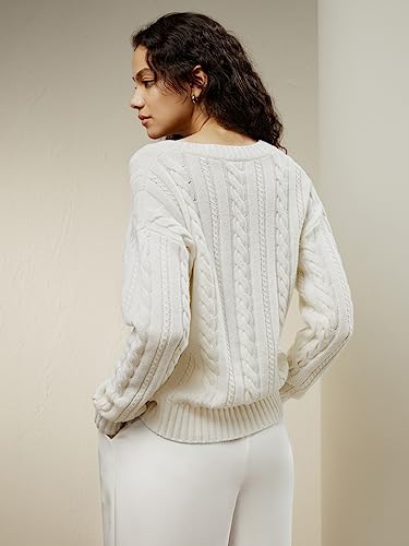 LilySilk Womens Oversized Sweater Drop-Shoulder Premium Wool Cashmere V-Neck Cropped Pullover Cable Knit Fall Winter2