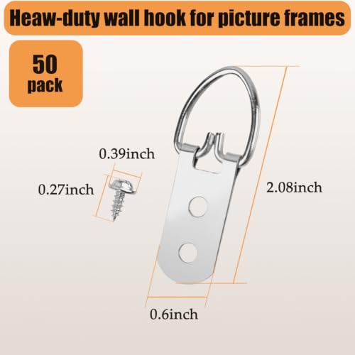 ZUFECY Heavy Duty D Ring Picture Hanging Kit, 50 Pcs Double Hole Metal Hooks with Screws, Frame Hangers for Home Gallery Wall, Photos, Paintings and Decor by ZUFECY - Used condition - Image 6
