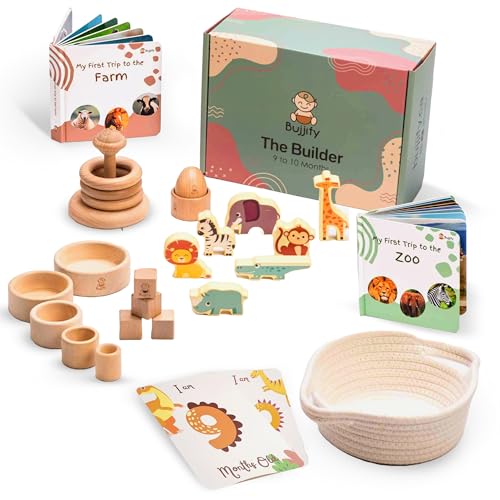 Image of Bujjify Montessori Toy Set 9-10 Months Baby Toys - Wooden Stacking Cups, Ring Stacker, Egg in a Cup, Zoo Farm Animal Sensory Touch and Feel Board Books, Blocks, Brain Development Gifts Basket