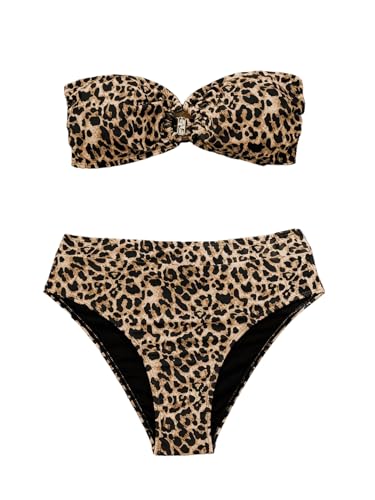 GORGLITTER Women's Cheetah Leopard Print Bikini Set Strapless Bandeau High Waisted Swimsuit