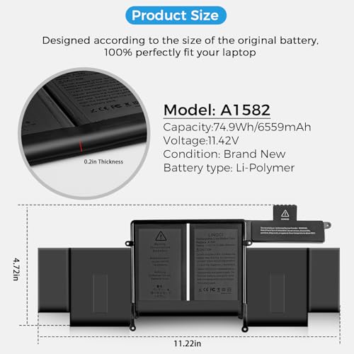 Image of A1502 Battery, A1582 A1493 Battery Replacement for MacBook Pro 13 Inch Retina A1502 (Mid 2014 Early 2015 Late 2013) (Upgraded High Performance 11.42V 74.9Wh 6559mAh Li-Polymer)