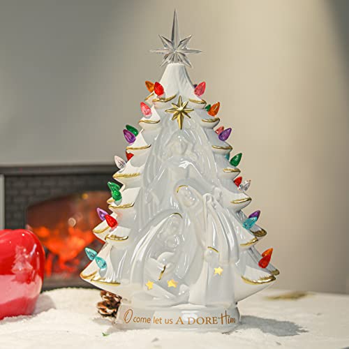 Chonsun Nativity Ceramic Christmas Tree 14 Inch Tabletop Christmas Tree Vintage Christmas Decoration Battery Operated Mini White Nativity Christmas Tree With Multicolored Lights,Star Included #TOP6