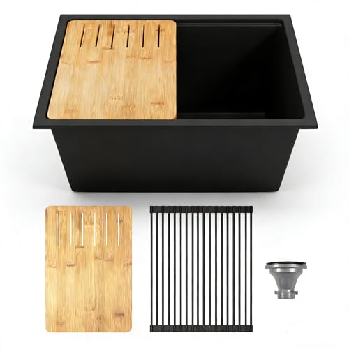 Image of DeerValley Black Undermount Kitchen Sink 25 Inch, Single Bowl Granite Composite Kitchen Sink with Integrated Ledge