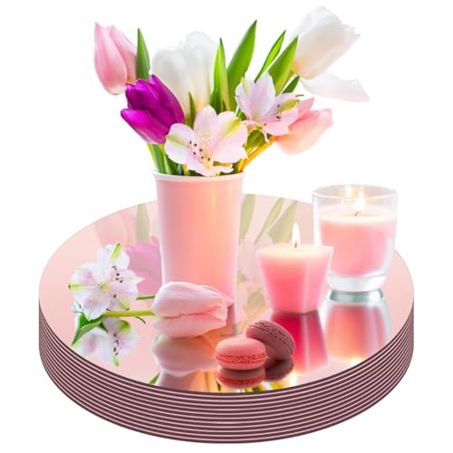 Cunnikku 12PCS Round Mirror Tile for Tables, 10 inch Rose Gold Self Adhesive Mirror Sticker Circle Mirror Sheet for DIY Crafts, Acrylic Mirror Plates Trays for Wedding Table Centerpieces Walls Decor