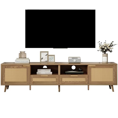 BTM TV Stand With Real Rattan Design, Solid Wood Legs, 200 x 37 x 49 cm, Light Brown
