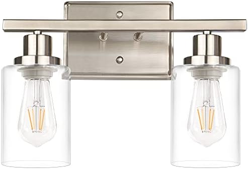 Ascher 2-Light Wall Sconces, Modern Vanity Light Fixture with Clear Glass Shade, Brushed Nickel Wall Light for Mirror Bedroom Hallway, E26 Base (Bulbs Not Included)