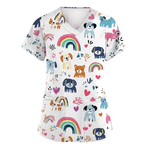 Saymany Damen Kasack für Pflege und Altenpflege - Berufskleidung Kurzarm V-Ausschnitt Bequemer Krankenpfleger Uniformen Schlupfkasack Bunt Drucke Arbeitskleidung Krankenpfleger Pflege