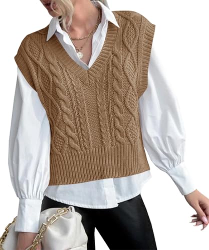 Tongmingyun Pullunder damski sweter bez rękawów, dekolt w serek, dzianinowy, jednokolorowy, do biznesu, na czas wolny, sweter, kamizelka, damska, khaki, M