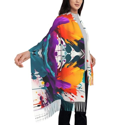 Paint Splatter Ladies And Girls Tassel Scarf, Soft Faux Cashmere Scarf For Winter - Perfect For Autumn And Winter Wear, Black2