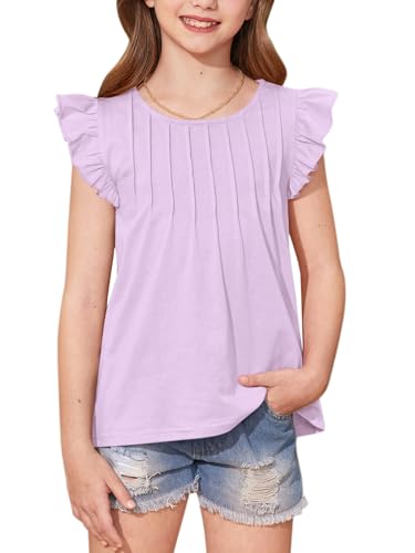 Girls Summer Pleated Front Shirts Flutter Sleeve Crew Neck Shirred Solid Casual Loose Fit Tops 6-14 Years