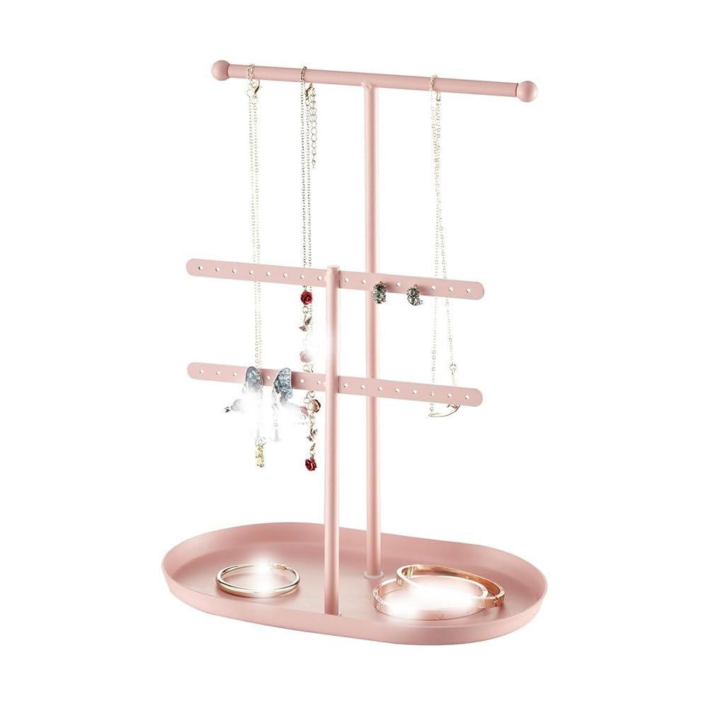 FAJNUZI2024 Jewellery Display Stand Metal Jewelry Rack with Tray Necklace Earring Ring Holder Display for Accessories(Pink)