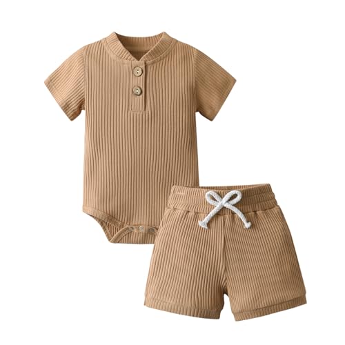 Image of Derouetkia Summer Newborn Baby Boy Girl Clothes Solid Color Ribbed Romper and Shorts Outfits Set