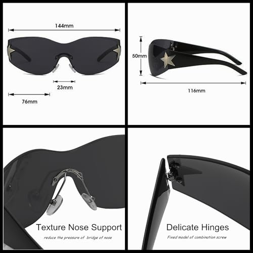 Cool Fun 2000s Women's Y2K Stuff Rave Jewelry Accessories,Black Wrap Around Sunglasses Stars Hair Clips and Gothic Heart Earrings Set3