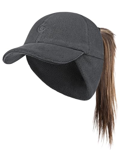 PivotWing Bonnet Femme Hiver Réfléchissant Élastique Casquette de Baseball avec Oreillettes Chapeau de Queue de Cheval, gris foncé, 55-57