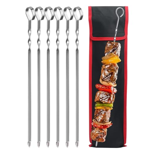 Fiorky 6 brochetas de brocheta de Acero Inoxidable con Mango Largo y Plano, brochetas de shish Kebab con Bolsa, palitos de Kebab de Metal, brochetas para Barbacoa al Aire Libre, Fiesta