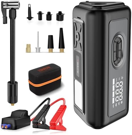 Tire Inflator Portable Air Compressor with Electric Air Duster and Car Jump Starter: 150PSI Cordless Bike Pump - 130000RPM - 1000A up to 6.0L Gas and 3.0L Diesel Engine for Cars, Outdoor, Home