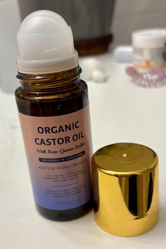 Castor Oil Rose Quartz Roller Ball: 100% Pure Organic Cold Pressed Serum Natural Crystal Face Roller for Fine Lines Wrinkles & Puffiness Thicker Lashes & Brows Self Care Gift for Women 35+