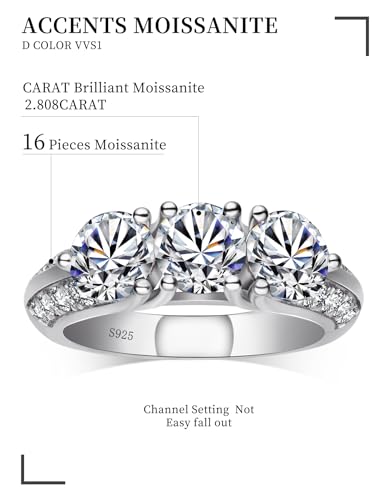3 stone Moissanite Wedding Bands for Women,3.1CTTW Round cut D Color VVS1 promise anniversary Engagement Rings,18K White Gold Plated S925 Sterling Silver Valentine's Day Gift3