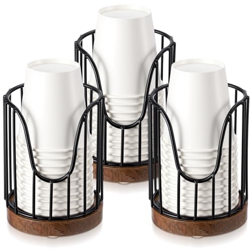 Yiyiring 3 Pack Bathroom Cup Dispenser with Wood Stand for 3 oz Cups, Essential Guest Bathroom Accessories for Vanity Countertop Toothbrush Holders, Mouthwash Cup Dispenser, Cotton Pad Rack, Black