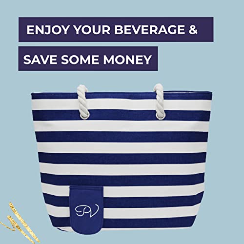 Portovino Tote Beach Bag - Canvas Drink Purse With Hidden Spout And Dispenser Flask For Drink Lovers That Holds And Pours 50Oz Of A Beverage! Traveling, Concerts, Bachelorette Party - Blue/White #TOP6