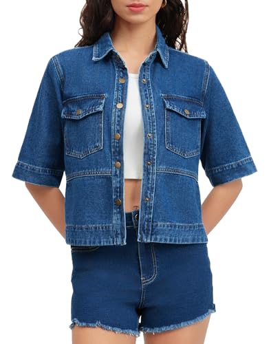 Ladyful Short Sleeve Denim Jacket for Women Lightweight Cropped Button Summer Down Jean Jacket Coat