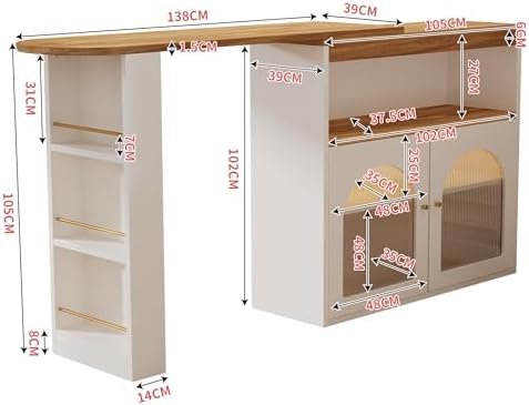 Bar Table with Storage, Extendable Table Dining, Bar Bistro cabinet, Swivel Kitchen Island cabinet with 1m LED Strip for Dining Room or Living Room (White)