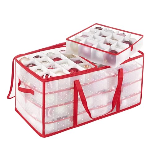 SONGMICS Christmas Ornament Storage Box, Storage Cube Bin for Christmas Decorations, 128 Box Places, Modular Dividers, 64.5 x 33.5 x 34 cm, Cherry Red RFB029T01