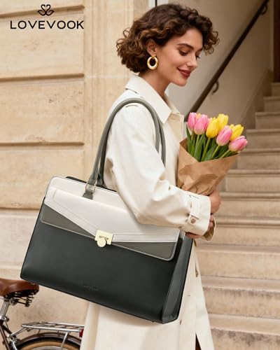 Image of LOVEVOOK Laptop Tote Bag for Women, PU Leather Work Bag, Teacher Tote | with Large Cup Holder, Waterproof Vintage Briefcase for Business Travel & Commute, Magnetic Snap, Padded Laptop Pocket