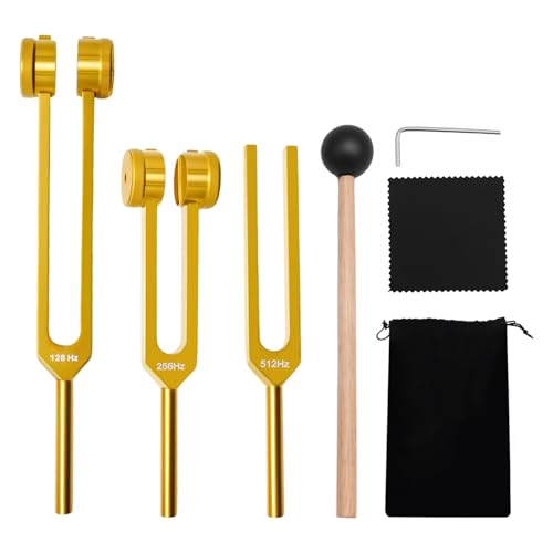 Hoypeyfiy Gold Stimmgabel Hammer Set, Aluminiumlegierung Stimmgabeln 128 256 512 Hz mit Silikonhammer & Aufbewahrungstasch, für Musiktherapie und Instrumenten-Stimmung