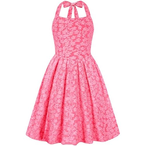 HOZIY Girls Dresses Floral Halter Tie Back Short Dress Juniors Summer A-Line Flowy Backless Sundress 5-14 Years 13-14 Years Rose Red