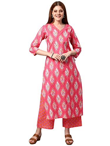 ANNI DESIGNER Ensemble traditionnel en coton mélangé pour femme - Imprimé droit - Kurta et pantalon - Rose - S