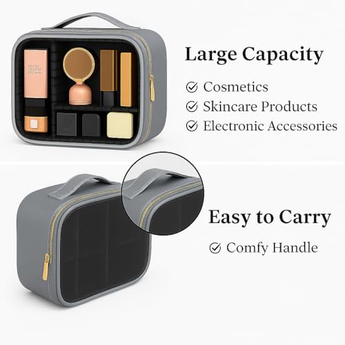 Image of Coslifestore Transparent Cosmetic Case | Travel Makeup Organizer Bag with Handle & Adjustable Compartments | Portable Waterproof Storage for Cosmetics, Skincare & Toiletries for Women (Grey)