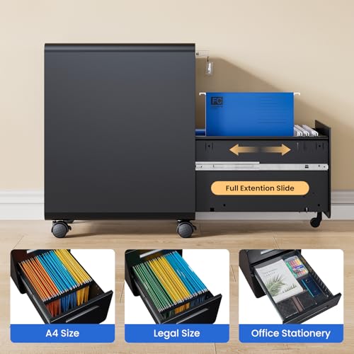 Image of MIIIKO Mobile Filing Cabinet 3 Drawer, Rolling Small File Cabinet with Keys Under Desk, Modern Black Filing Cabinets for Home Office with Anti-tilt Wheels, A4 /Letter /Legal Hanging File Drawers