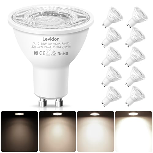 Levidon GU10 LED Bulbs Dimmable, 4.9W LED GU10 Bulbs Dimmable, Day White 4000K, 50W Halogen Spotlight Equivalent, 220-240V 38° Beam Angle Energy Saving - Pack of 10